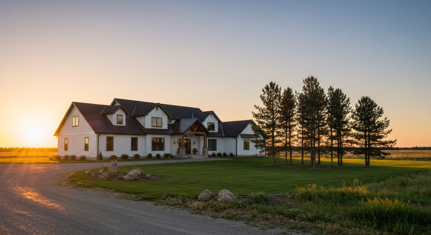 Spacious acreage with a modern home, mature trees, and open fields near Edmonton, Alberta.