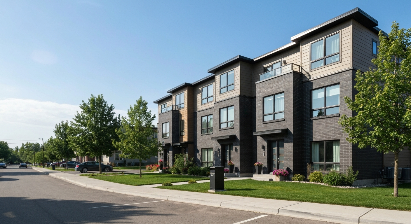 Modern affordable duplex exterior in an Edmonton residential neighborhood with a small yard.