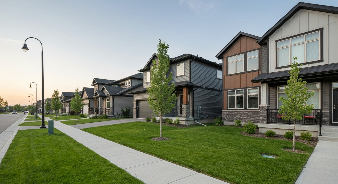 Exterior view of an inviting, affordable family home in Sherwood Park with a well-maintained lawn.