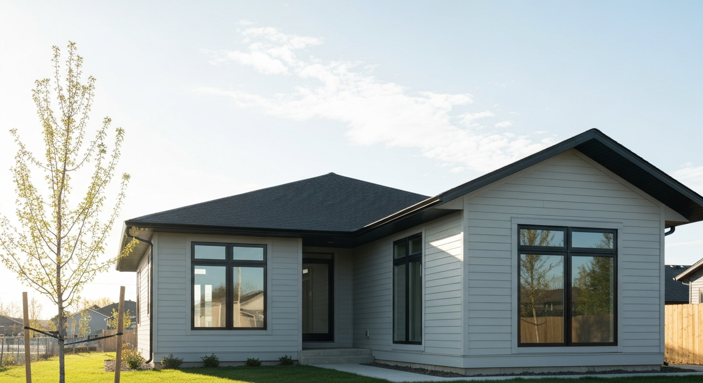 A modern, modest family home in Spruce Grove with a well-maintained front yard and a clear blue sky, suggesting affordability and comfort.