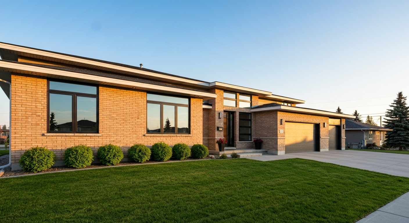 A modern family home in Beaumont, Alberta with a well-maintained lawn and double garage.