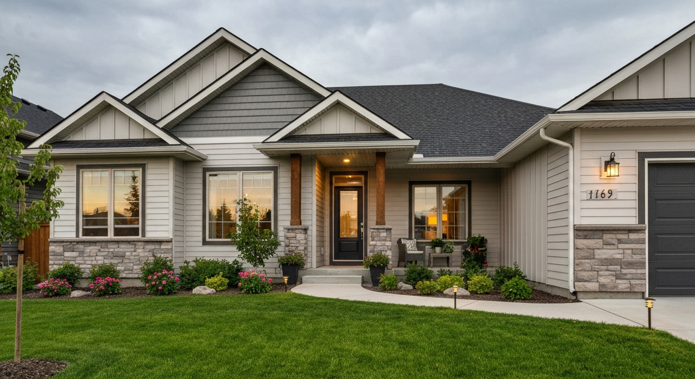 Affordable homes in Edmonton with green lawns and mature trees.