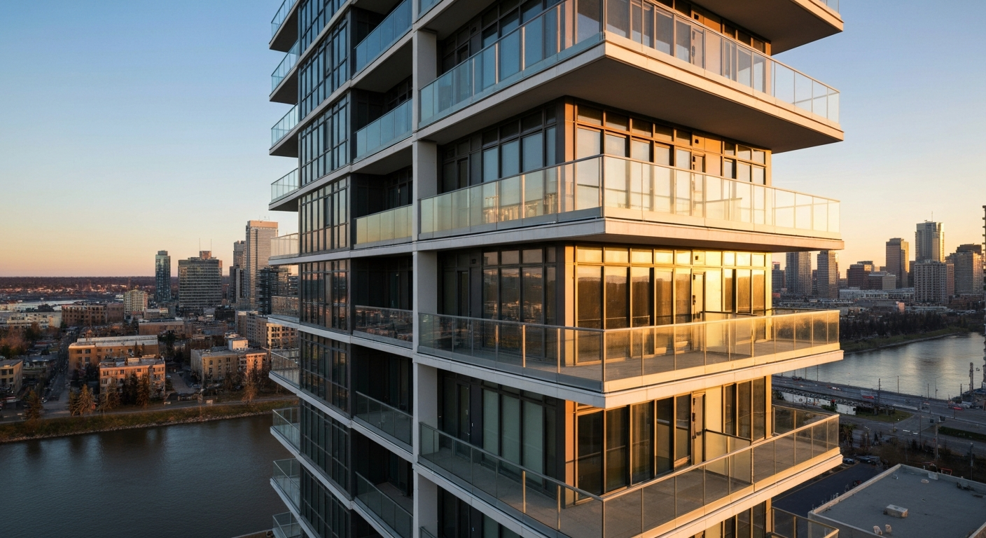 Modern condo building in downtown Edmonton with city skyline in the background.