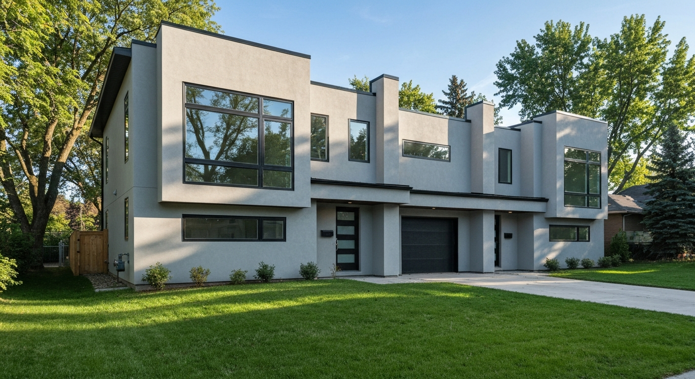 Modern duplex home with attached garage in an Edmonton residential neighbourhood
