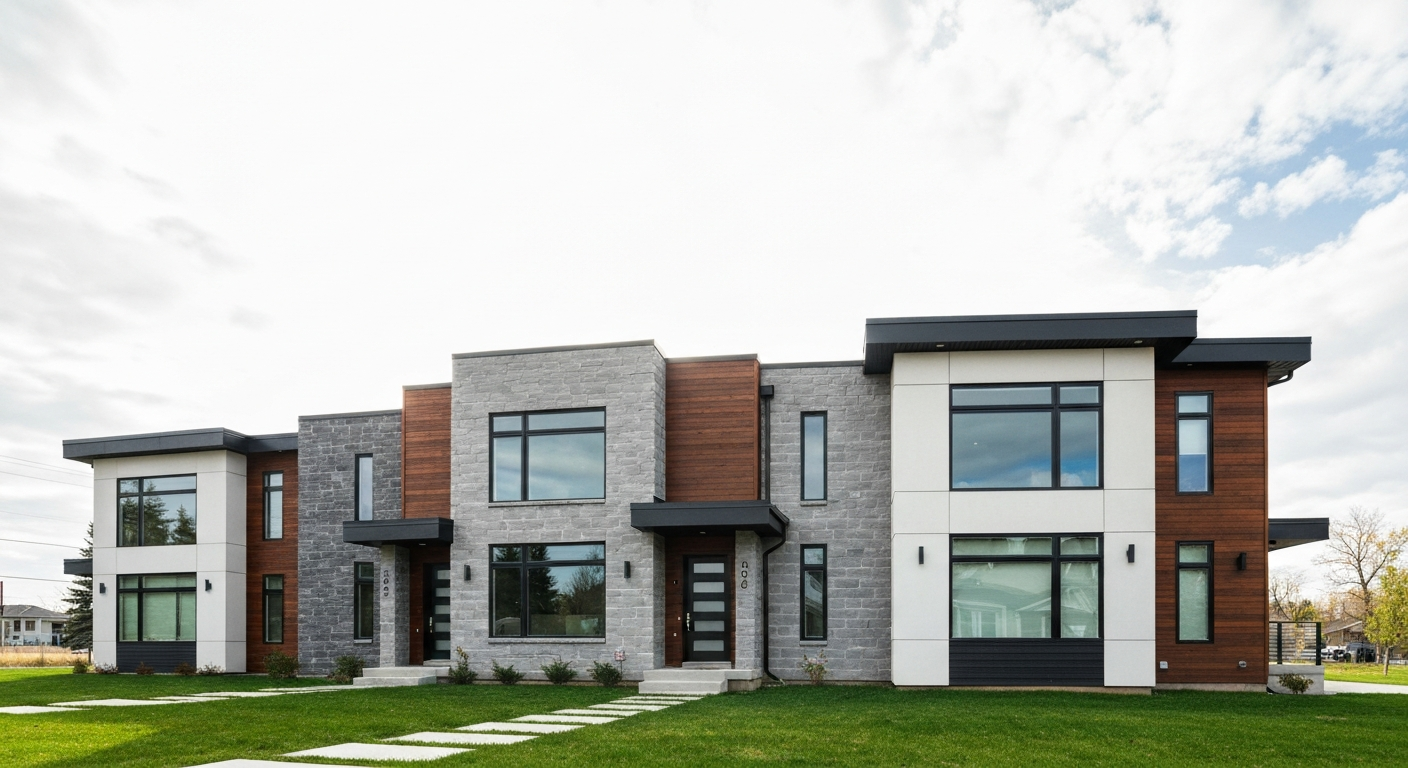 Modern duplex with a landscaped front yard in an Edmonton neighbourhood