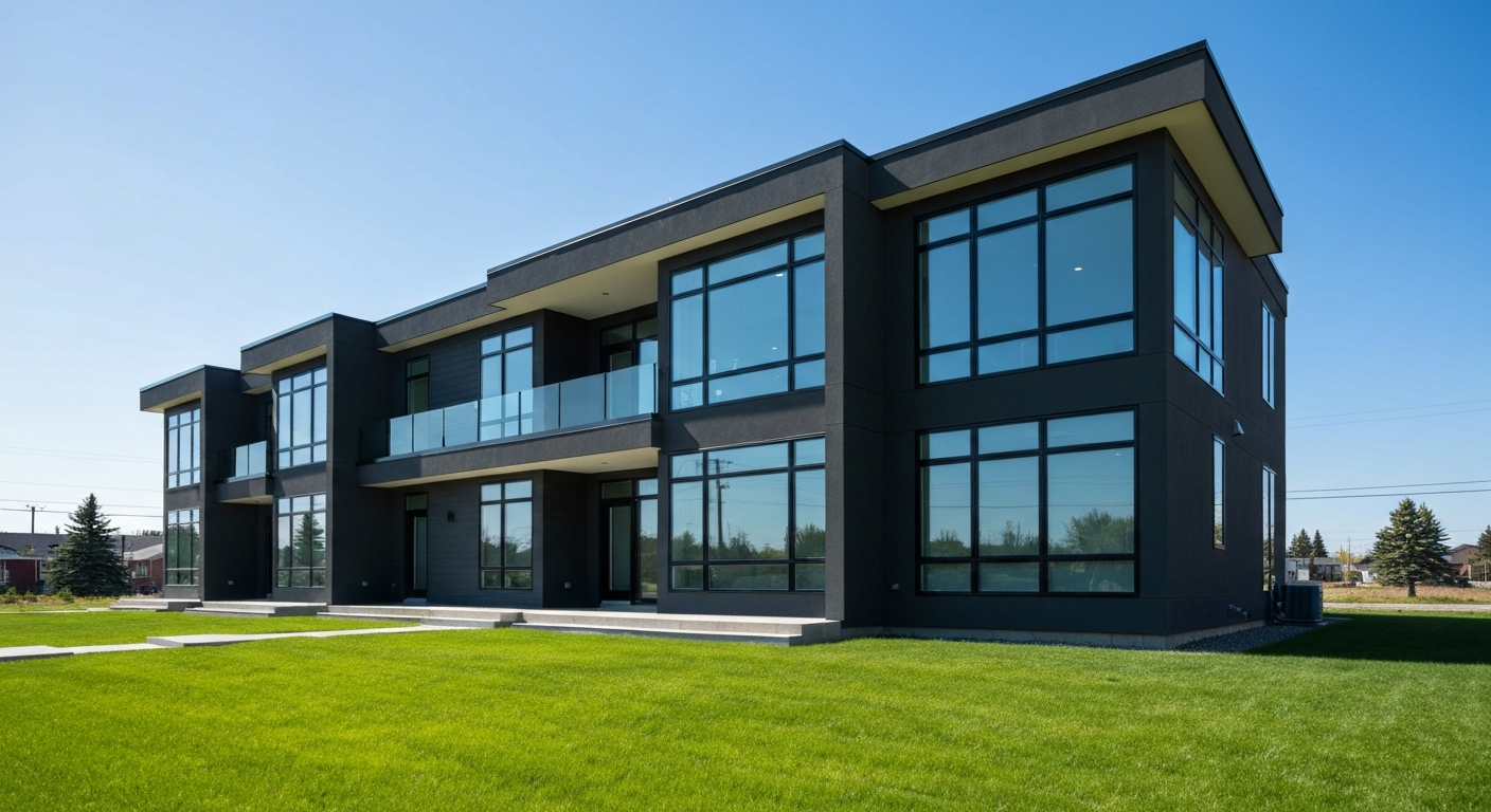Modern duplex exterior in an Edmonton residential neighbourhood with a green lawn and clear sky