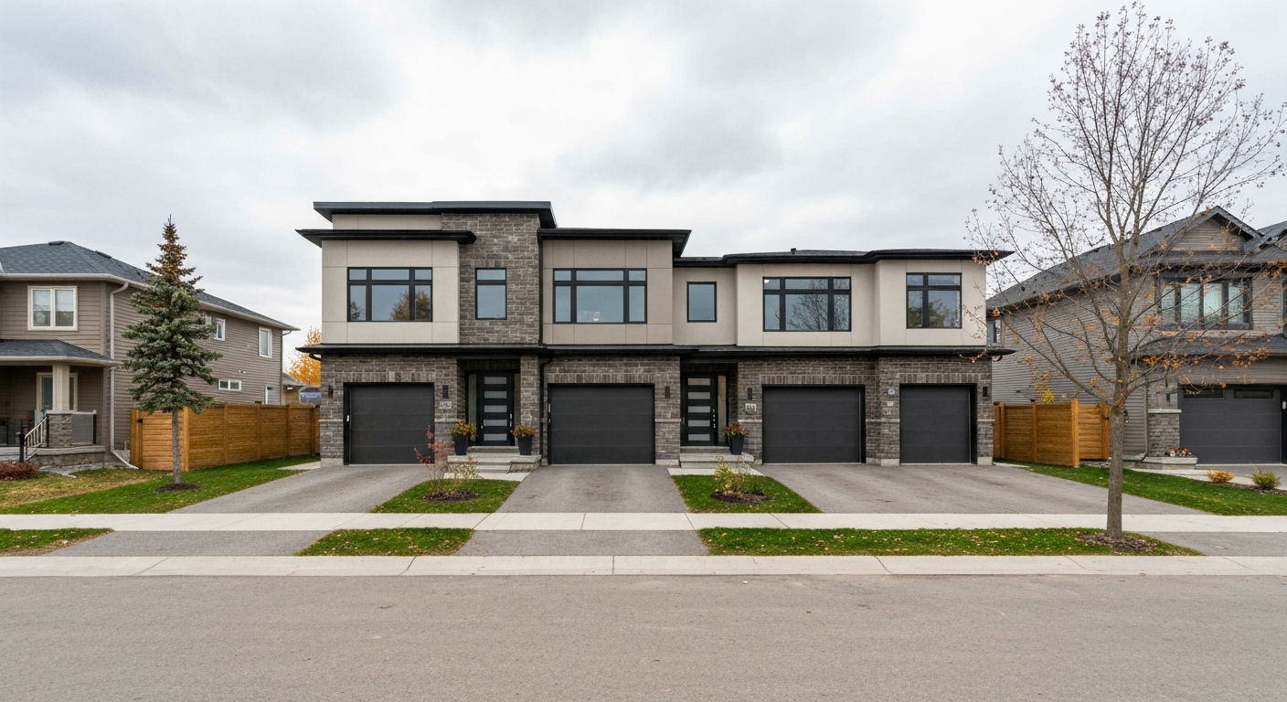 Modern duplex exterior in an Edmonton neighbourhood with a well-maintained yard