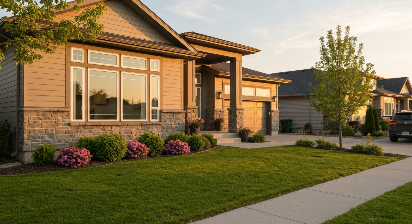 Exterior of a modern Edmonton home with a well-maintained lawn.