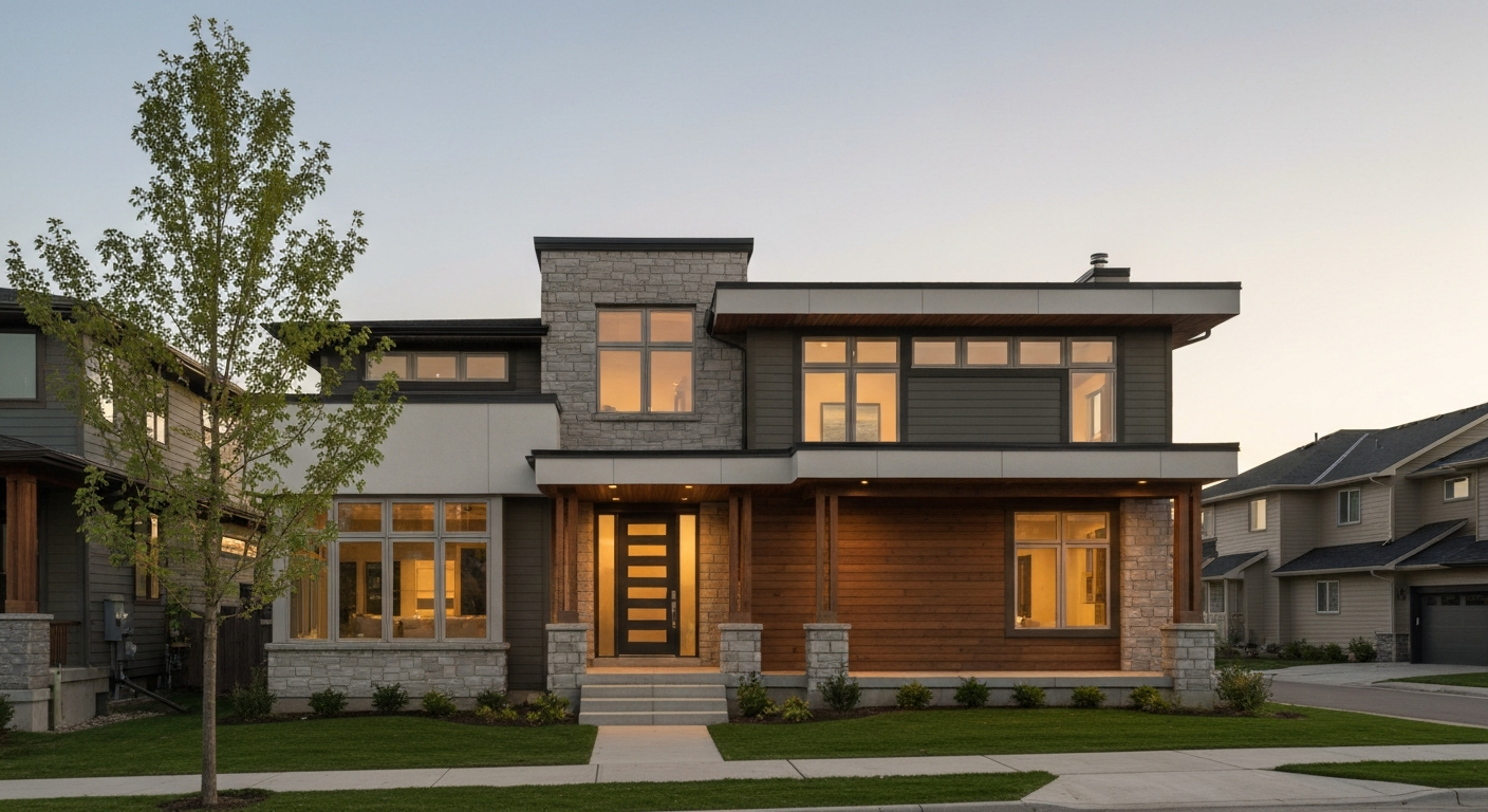 Modern Edmonton home with an illuminated secondary suite entrance, showcasing multi-generational living.