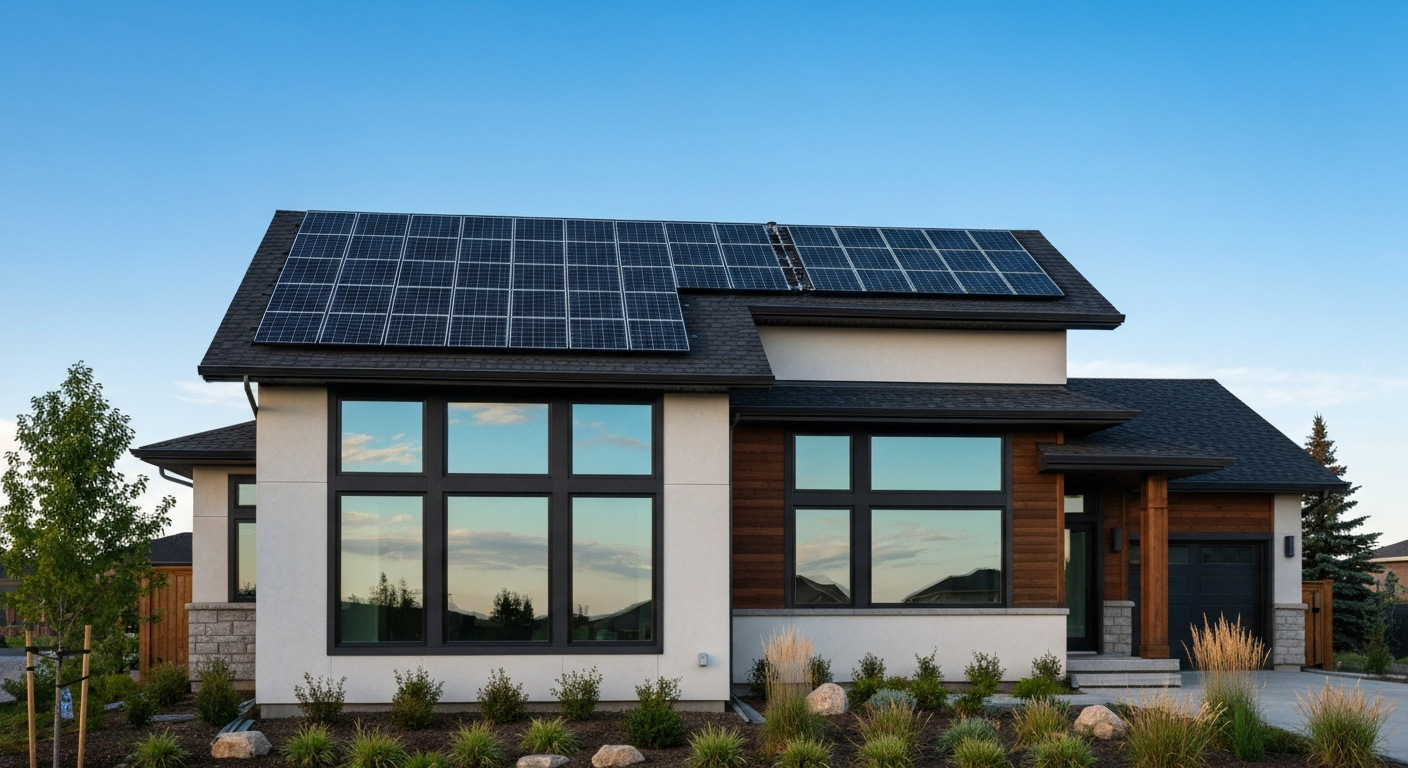 Modern Edmonton home with solar panels on the roof, demonstrating energy efficiency