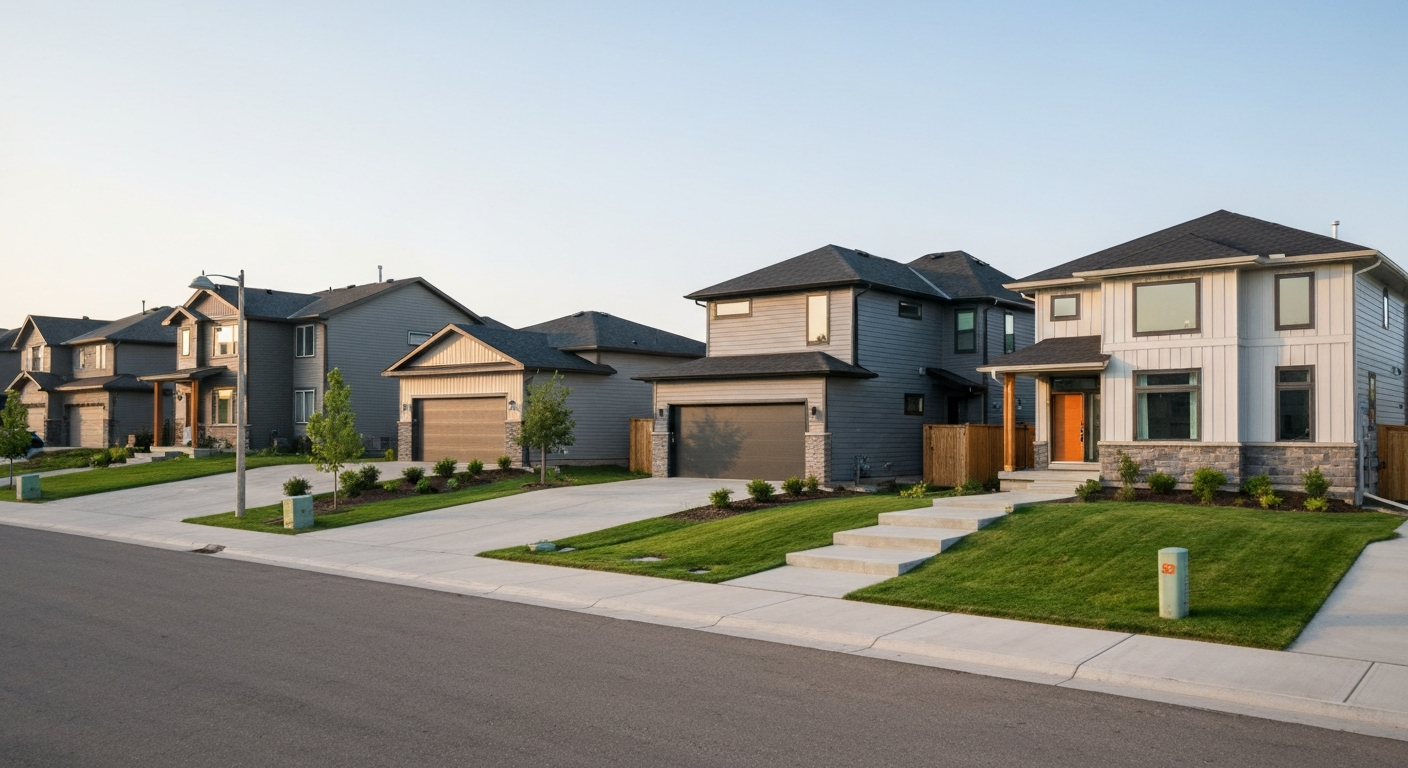 Exterior of a modern two-story family home with a green lawn in Edmonton, Alberta