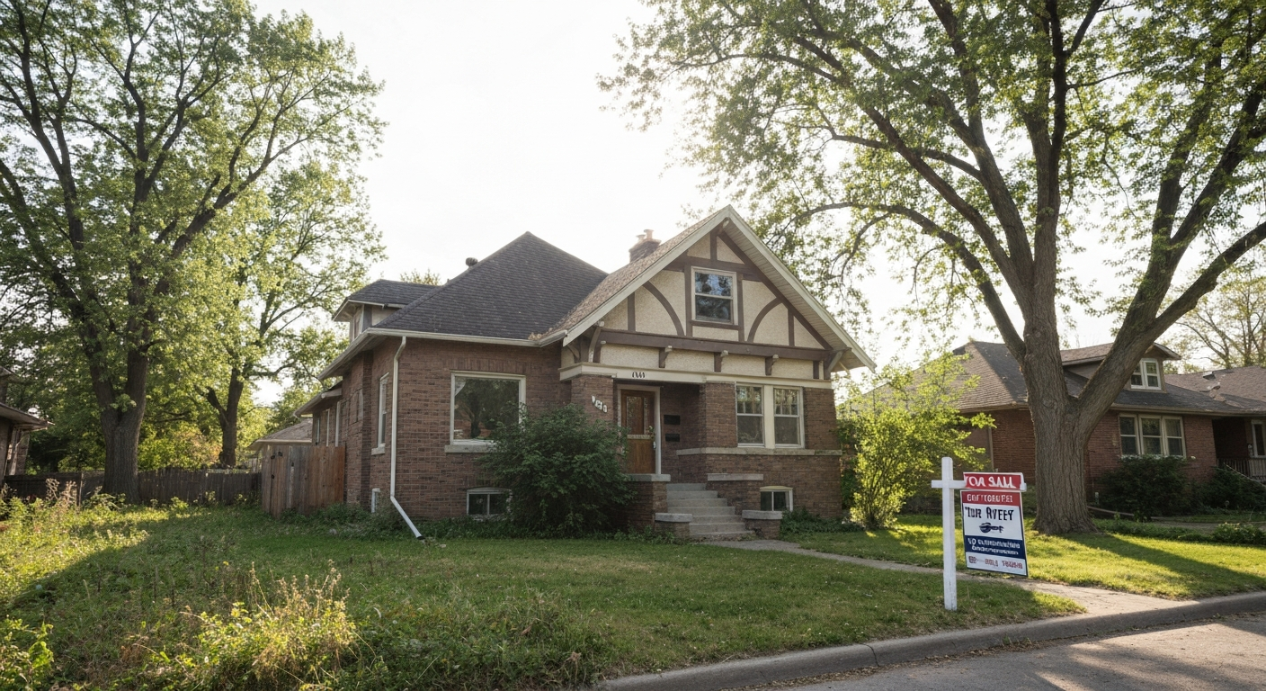 Older residential house in Edmonton needing renovation with a 'For Sale' sign