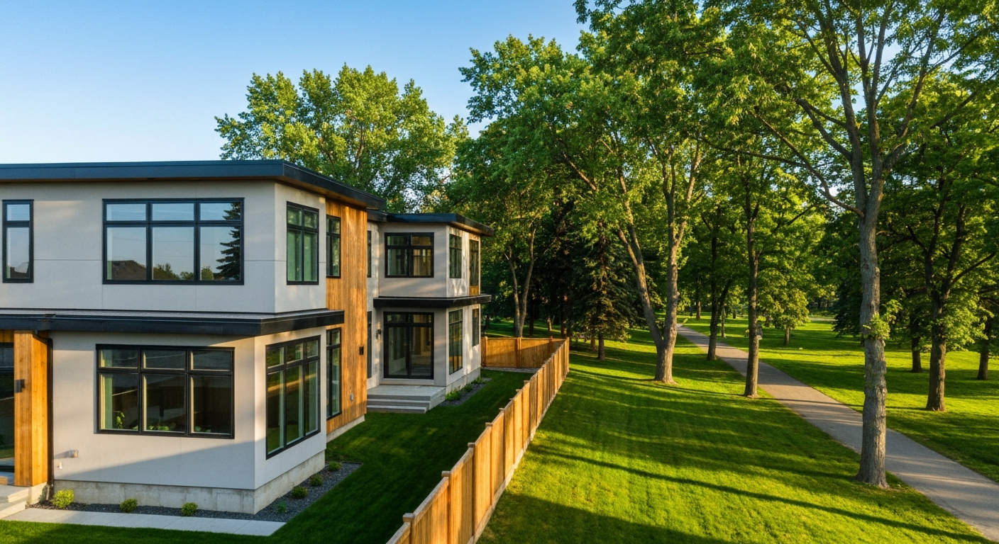 Beautiful Edmonton home with a spacious backyard directly bordering a lush city park with mature trees.