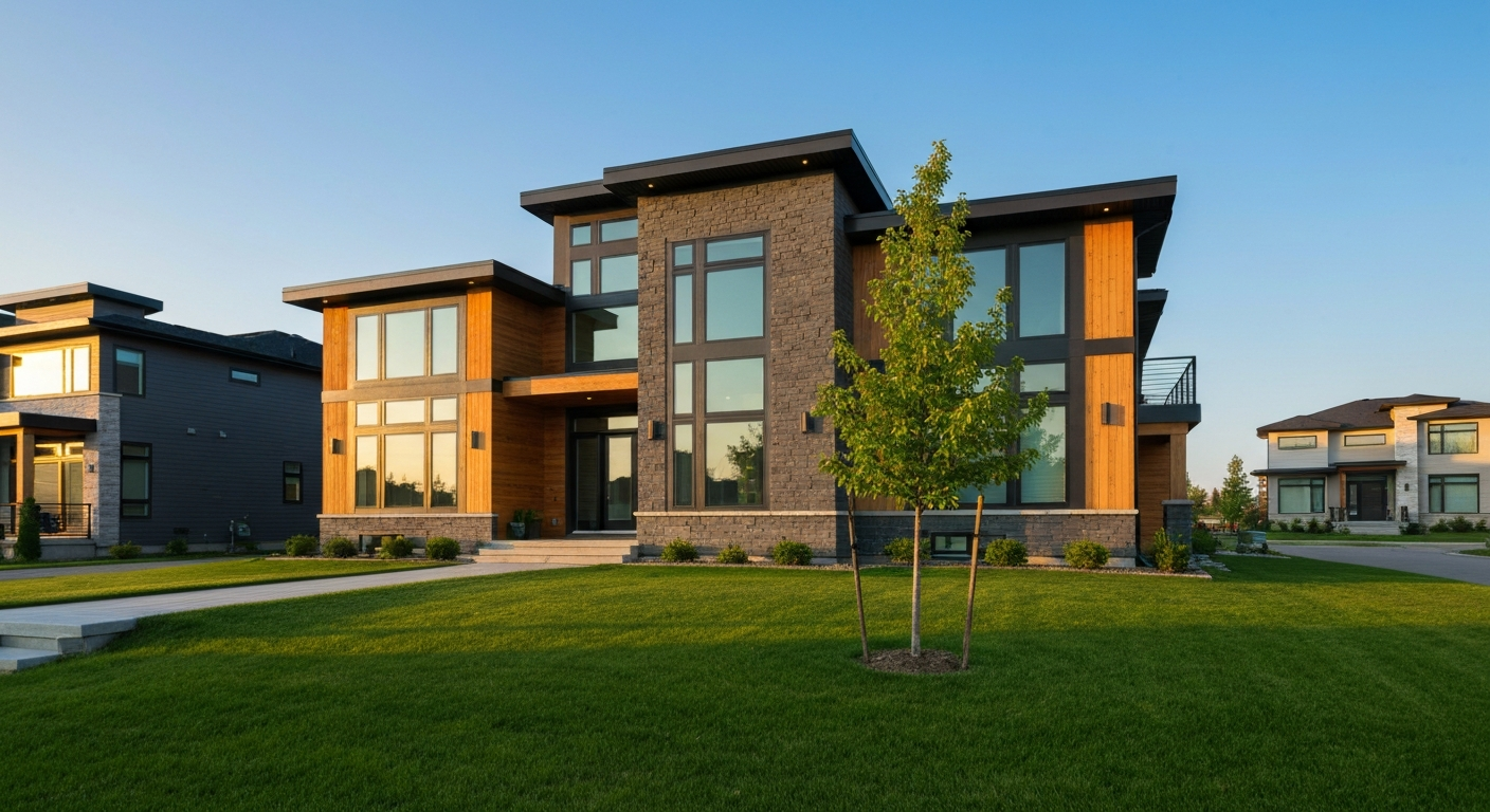 A modern family home with a well-maintained yard in a Spruce Grove neighbourhood.