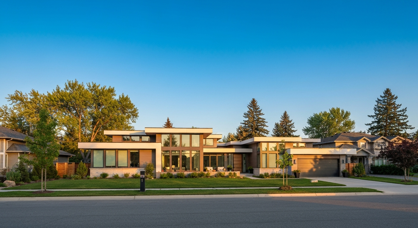 Modern house facade in an Edmonton neighbourhood with a hospital in the background.
