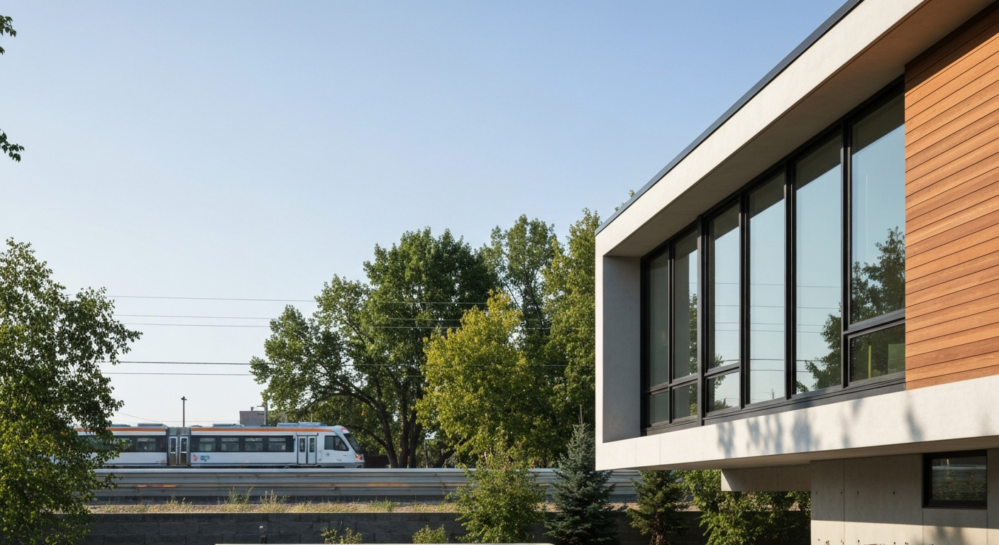 Modern condominium building with an LRT train passing by in Edmonton, Alberta
