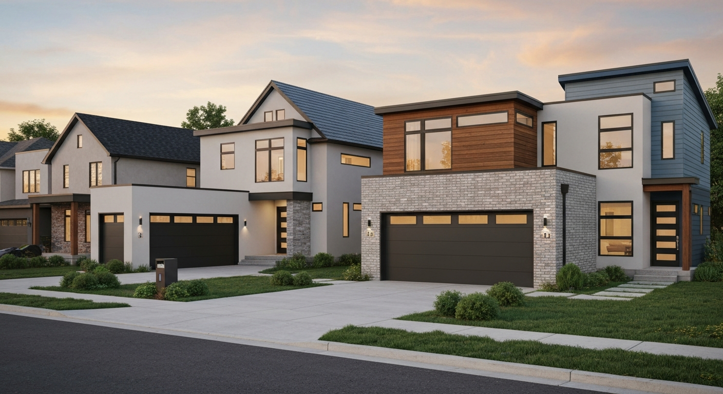 Exterior of an Edmonton home with a double attached garage during winter.