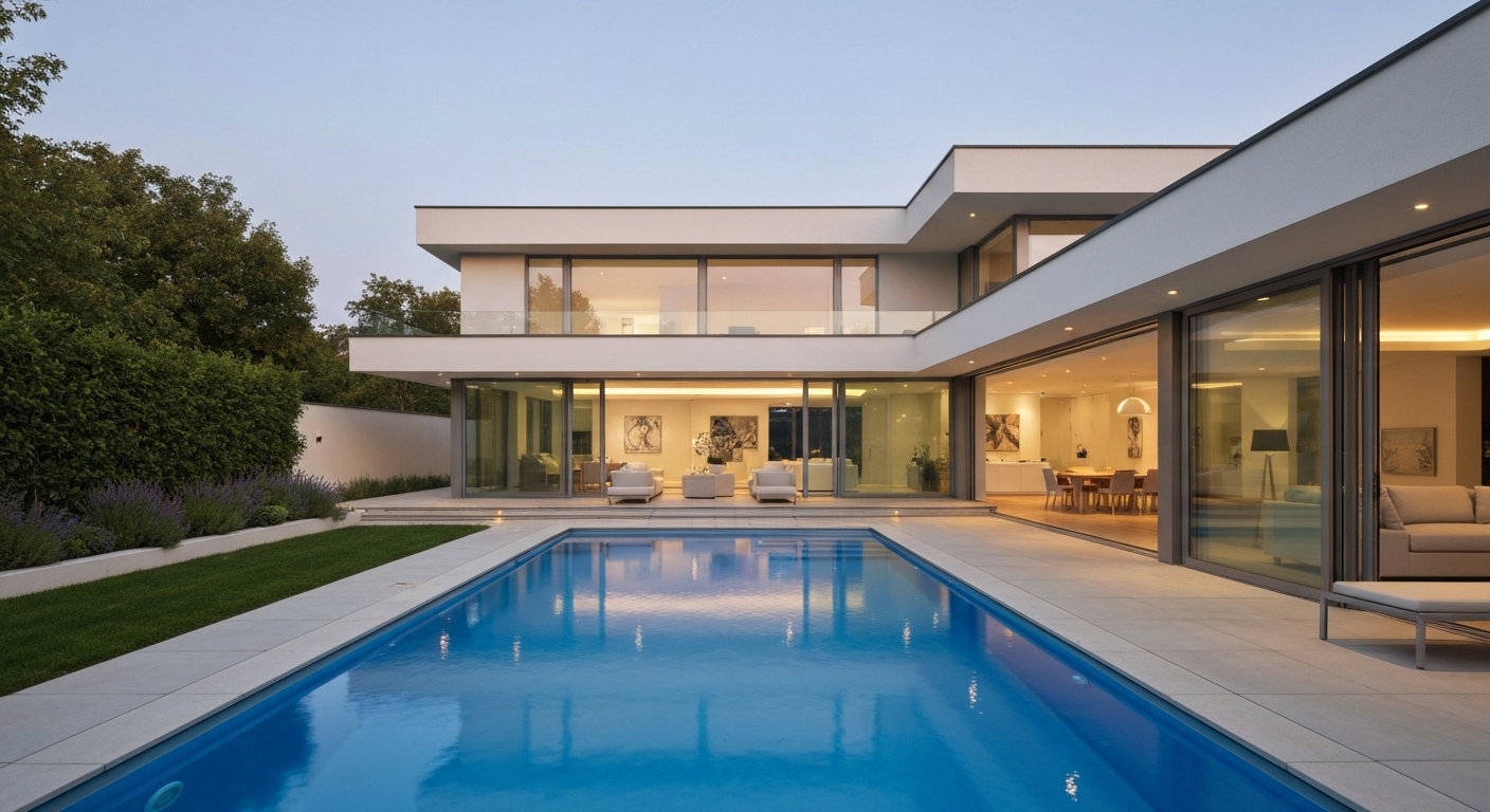 Luxury backyard with a swimming pool, patio furniture, and manicured lawn in an Edmonton home.