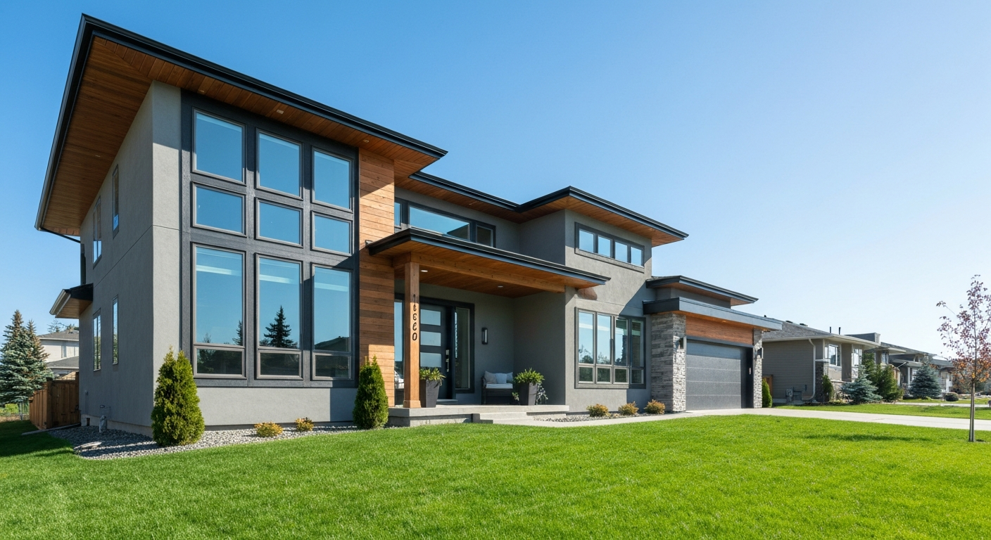 Beautiful modern house in a residential neighbourhood of Spruce Grove, Alberta with a well-maintained lawn and blue sky.