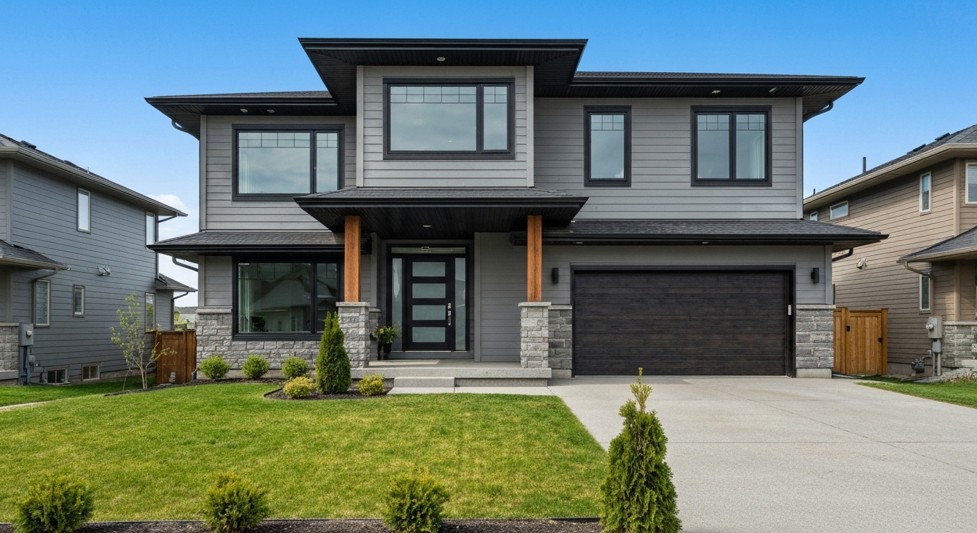 Modern single-family house with a green lawn in a Spruce Grove neighborhood.