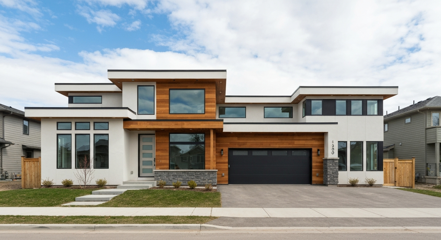 A modern family home in Edmonton with a 'For Sale' sign, priced under $400,000.