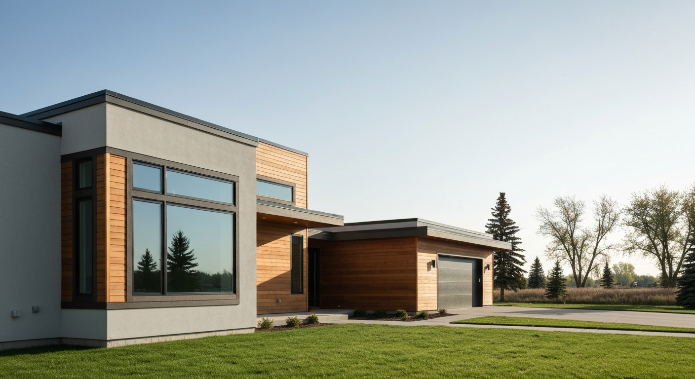 A charming family home in Morinville with a well-maintained yard and blue sky.