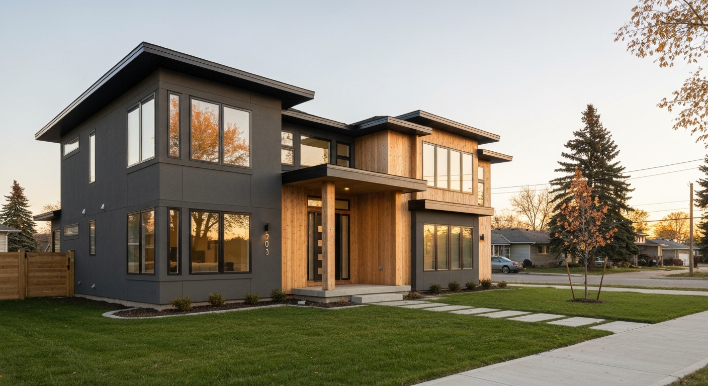Modern newly built detached home in an Edmonton subdivision with a manicured lawn