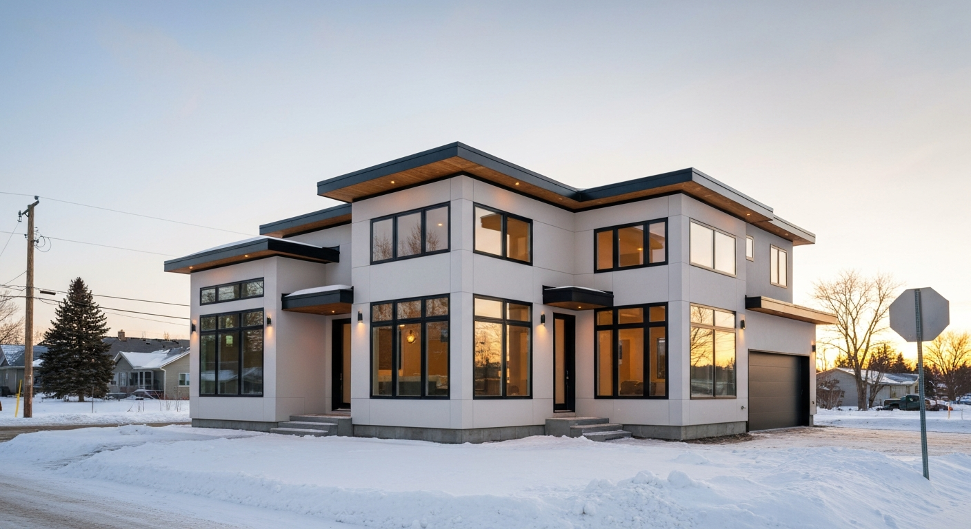 Modern newly built home exterior in a sunny Edmonton neighborhood.