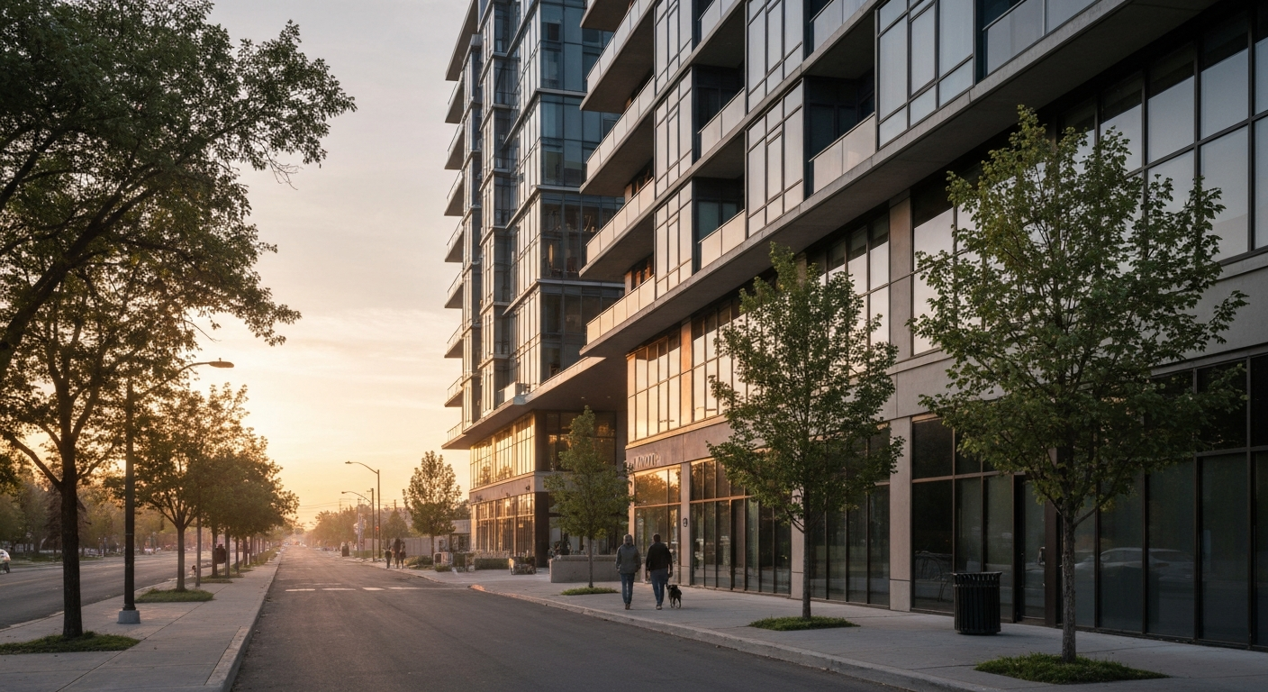 Modern condo building in Oliver, Edmonton with city views.