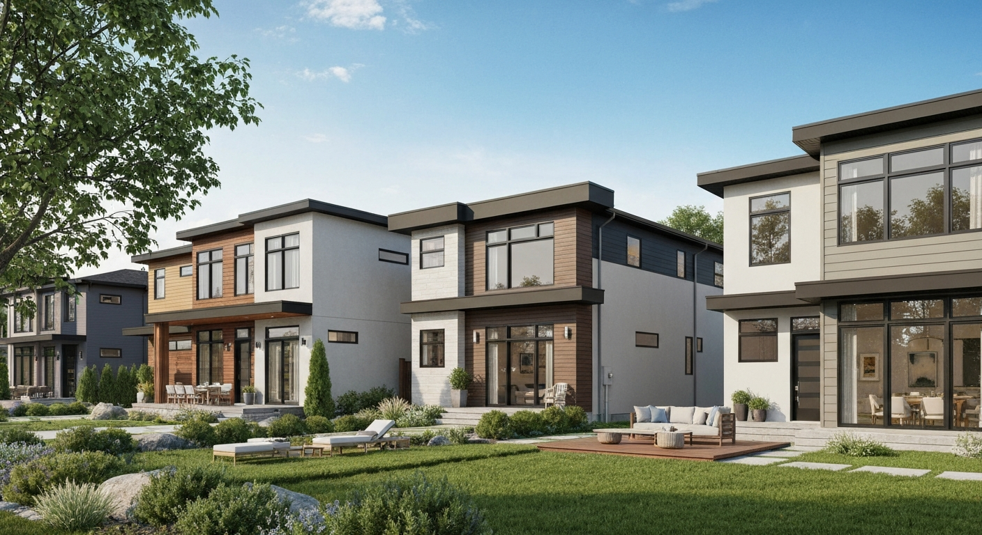 Architectural rendering of a modern pre-construction home in a new Edmonton development with green landscaping