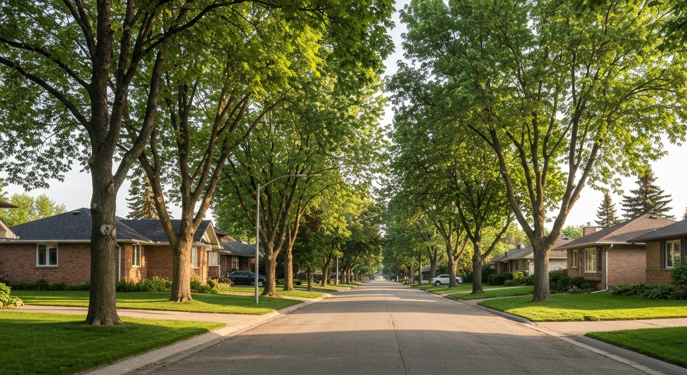Tree-lined residential street in a quiet Edmonton neighborhood with single-family homes