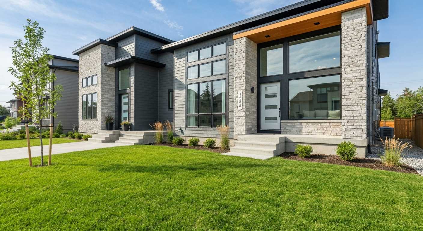 Modern duplex home for sale in Sherwood Park, Alberta with a landscaped front yard.