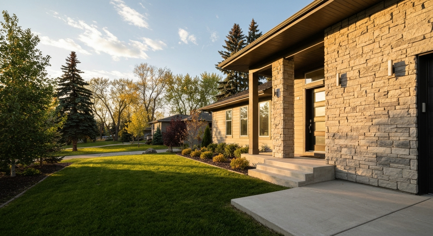 Exterior of a charming single story bungalow home in a residential Edmonton neighborhood.