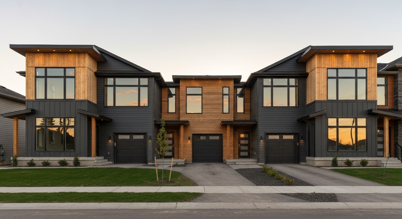 Modern duplex exterior in a St. Albert residential neighbourhood with a green lawn and blue sky.