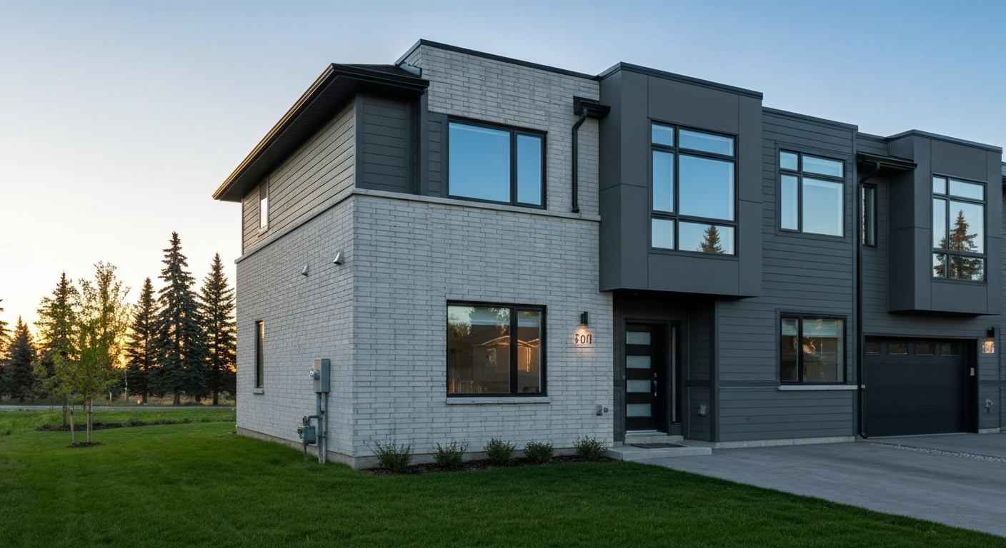 Modern townhouse development in Spruce Grove with green lawns and blue skies