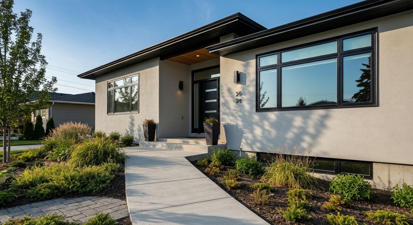 Exterior of a modern wheelchair accessible home in Edmonton with a ramp leading to the front door and wide pathways.